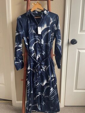 Banana Republic Navy and White Long Sleeve Shirt Dress